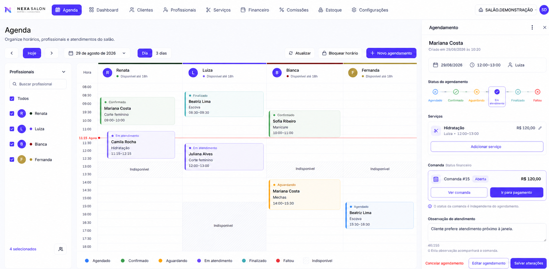 Agenda demonstrativa do NexaSalon com dados fictícios